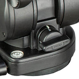Close-up of a black camera lens with a brand logo on a white background