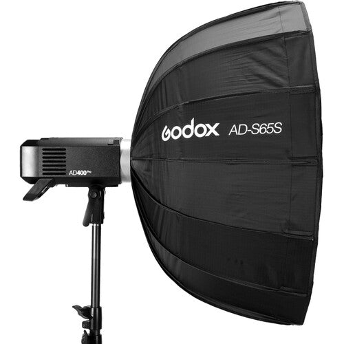 Godox AD-S65S studio flash with softbox on a white background
