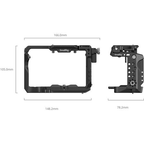 A black SmallRig camera cage and handle attachment shown on a white background with dimension lines and measurements: 166.0mm top, 148.