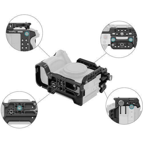A black camera rig cage shown on a white background, with four circular inset close-ups highlighting different mounting points and compatibility details.