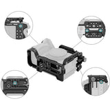 A black camera rig cage shown on a white background, with four circular inset close-ups highlighting different mounting points and compatibility details.