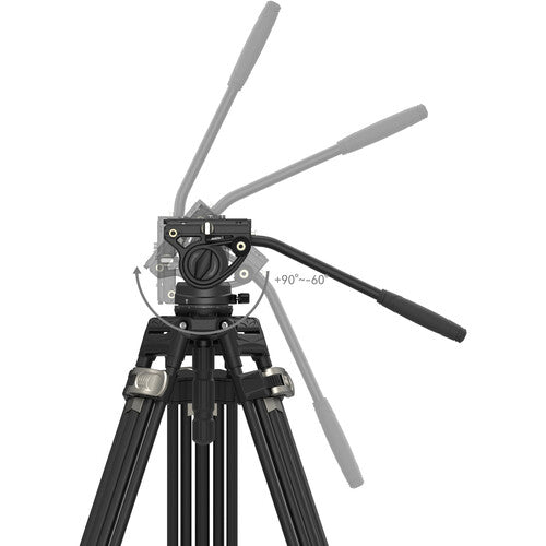 Black video camera tripod with pan and tilt head on a white background