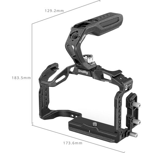 Black SmallRig camera cage with handle and mounting plate shown on a white background with dimension lines and measurements: 129.2mm width, 183.