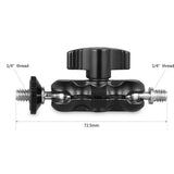 Black camera mount with measurement details on a white background