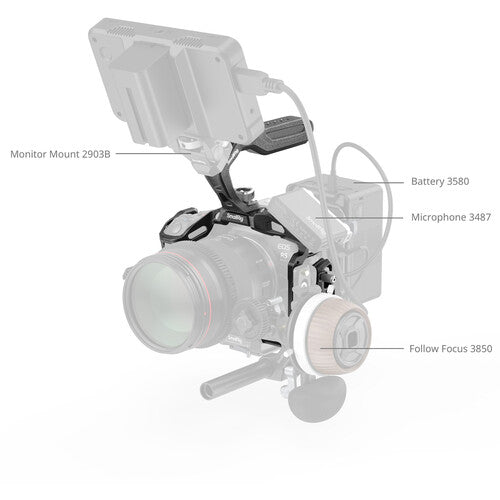 A semi-transparent product diagram of a camera rig with labeled callouts: Monitor Mount 29038, Battery 3580, Microphone 3487, and Follow Focus 3850 on a white background.