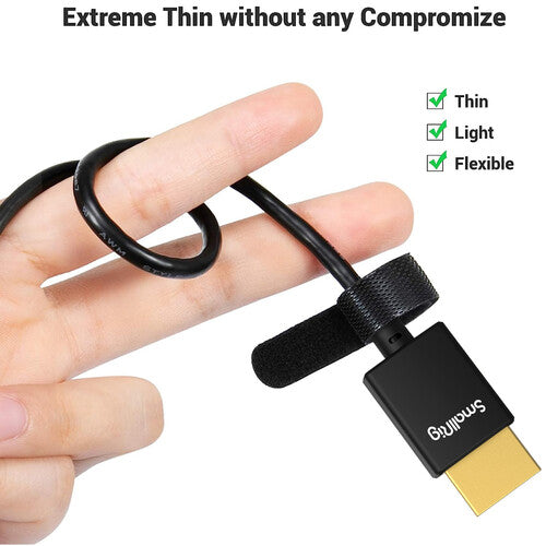 Thin cable with a gold connector held by a hand, labeled as 'Extreme Thin without any Compromise'.