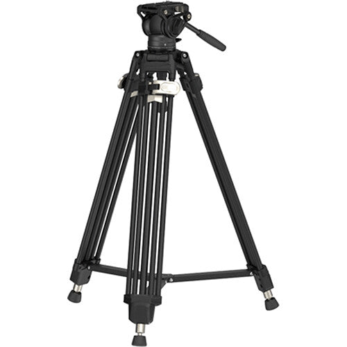Black camera tripod on a white background