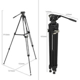 Camera tripod with measurement details on a white background