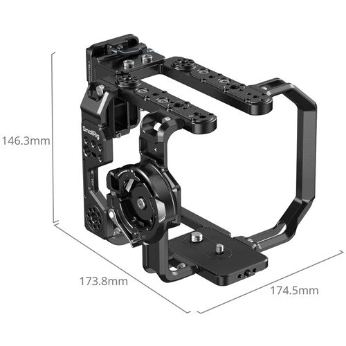 Black camera rig cage with dimension annotations showing 146.3mm height, 173.