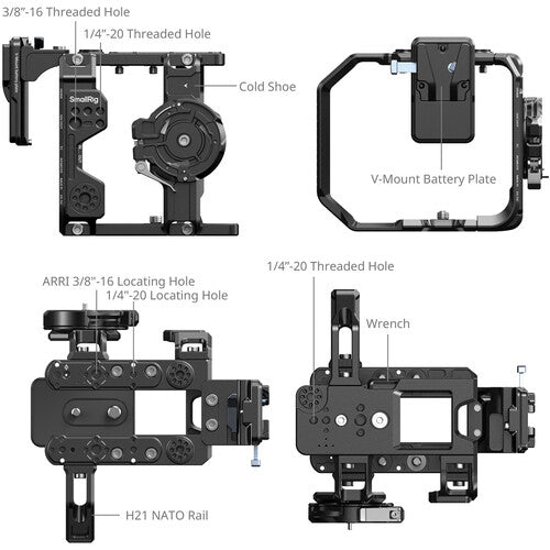 Technical diagram of a camera mount with labeled parts on a white background