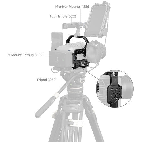 A grayscale technical diagram showing a camera rig on a tripod with labeled parts and an inset close-up. Text labels include Monitor Mounts 4886, Top Handle 5632, V-Mount Battery 35808, Tripod 3989.