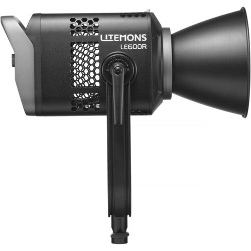 A Liemoons LE600R studio light with a black diffuser cone, black body, and a central support stand, shown against a solid white background.
