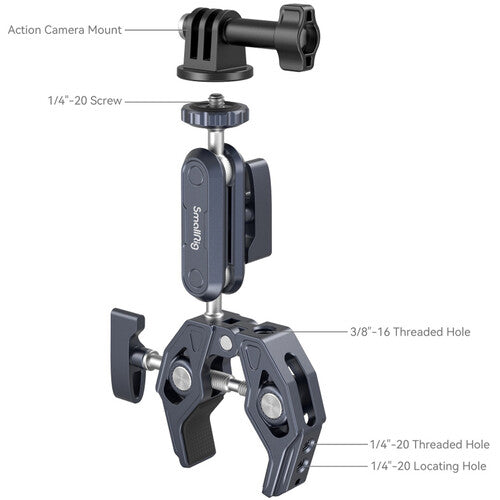An exploded view diagram of a Smaltog camera mounting accessory, showing labeled parts including an action camera mount, screw, threaded holes, and locatin hole on a white background.
