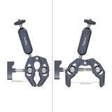 A split-view product diagram of a dark gray and silver camera accessory with adjustable knobs and measurement labels, shown on a white background.