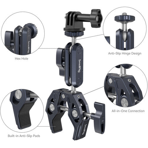 Black and dark gray mounting clamp accessory with callout circles highlighting features including hex hole, anti-slip hinge design, built-in anti-slip pads, all-in-one connection, and close-up views of the clamp components.