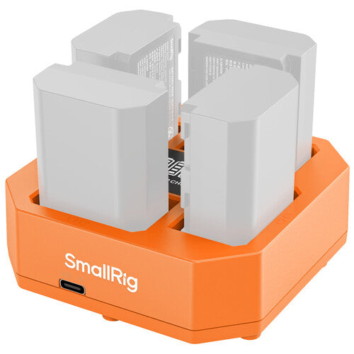 Orange battery charger with four clear battery slots on a white background, featuring the SmallRig logo.