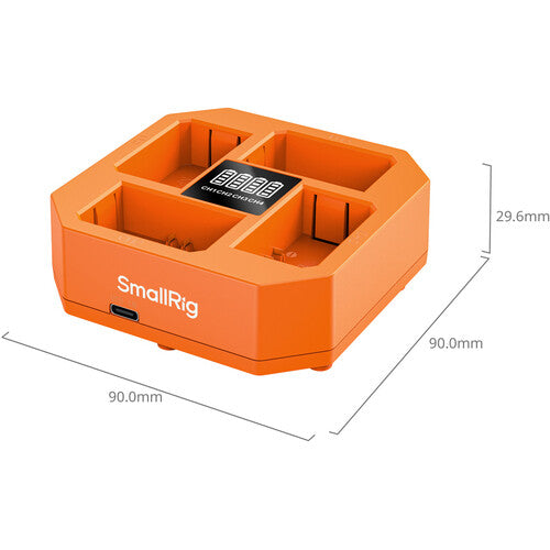 Orange battery charger with 'SmallRig' branding and dimensions on a white background